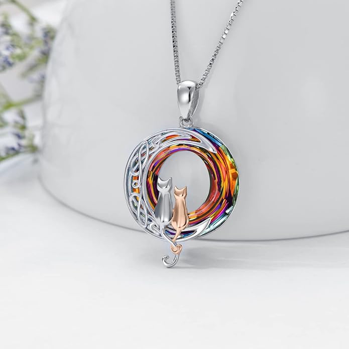 TOUPOP Cat Gifts for Cat Lovers One Two Three Four Cats Necklace Sterling Silver Cats on the Moon Pendant Necklace with Blue Circle Crystal Birthday Christmas Celtic Jewelry Gifts for Women