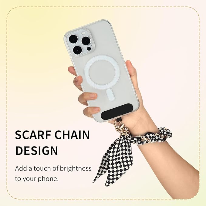 Fycyko Phone Wrist Strap with Gold Metal Scarf and Universal Tether Tab, Aesthetic Print Design Ribbon Chain, Multi-Purpose Accessories for Bag Key Cellphone for Men Women Girls-Black Checkerboard
