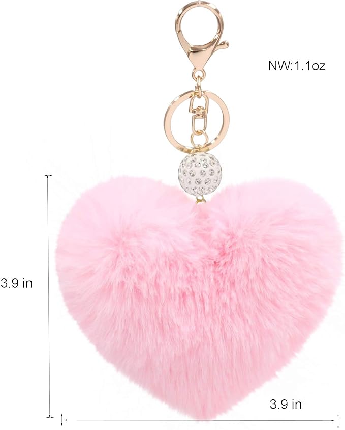 Women's Heart Faux Fur Pom Pom Key Chains Bag Accessory Puffball Keyring Backpack Charms for Girls