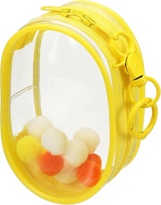 uxcell 4 Inch Clear Figure Display Bag, Mini Clear Pouch Waterproof Coin Pouch with Keychain and Pom Poms for Blind Box Doll Display (Round, Yellow)