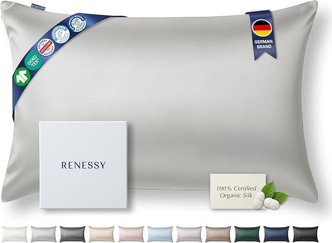 RENESSY Premium Silk Pillowcase 100% Organic Mulberry Silk, 22 Momme, Grade 6A - Oeko-Tex Certified in Germany - Luxury for Hair & Skin, 1 Piece (Queen Size 20x30 Inches, Light Grey)