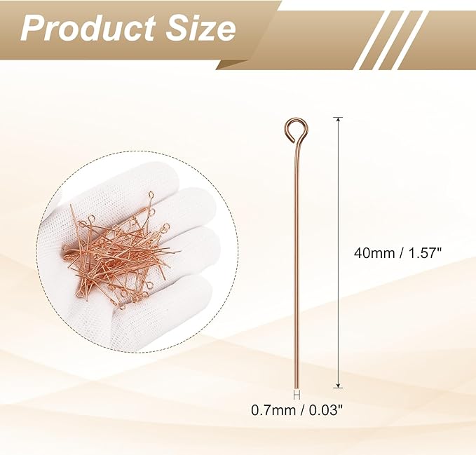 HARFINGTON 100pcs Open Eye Head Pins 1.57" 40mm Mini Metal Wire Eye Pins Beading Small Needles Bulk for Earring Pendant Necklace Bracelet Charm Jewelry Making Findings DIY Craft, Rose Gold