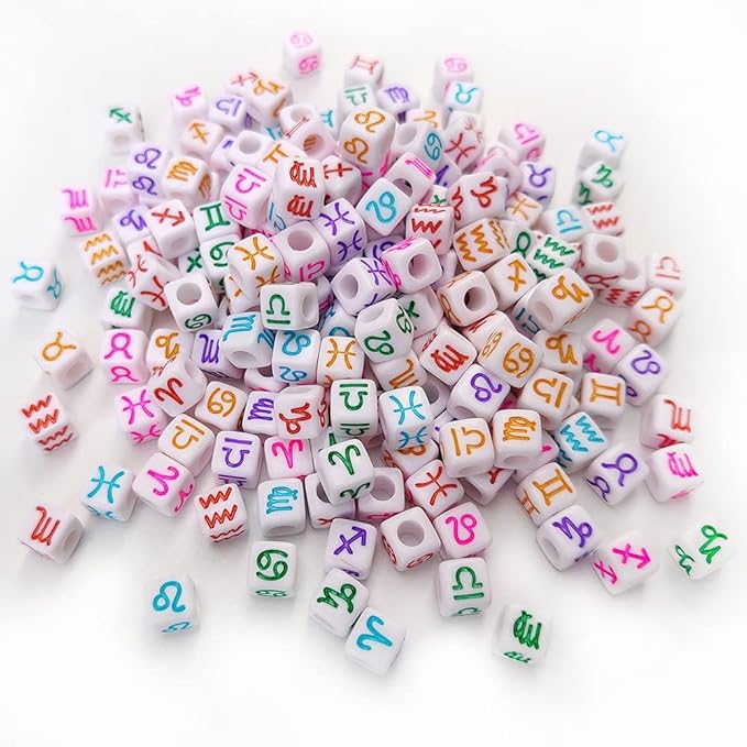 200+ Pieces 7x7mm White Cube Acrylic Alphabet Zodiac Charms Constellation Beads Mixed Plastic Shape Loose Beads for Jewelry Making Bracelets Necklaces Key Chains (Colorful on White)