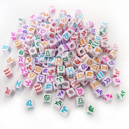 200+ Pieces 7x7mm White Cube Acrylic Alphabet Zodiac Charms Constellation Beads Mixed Plastic Shape Loose Beads for Jewelry Making Bracelets Necklaces Key Chains (Colorful on White)