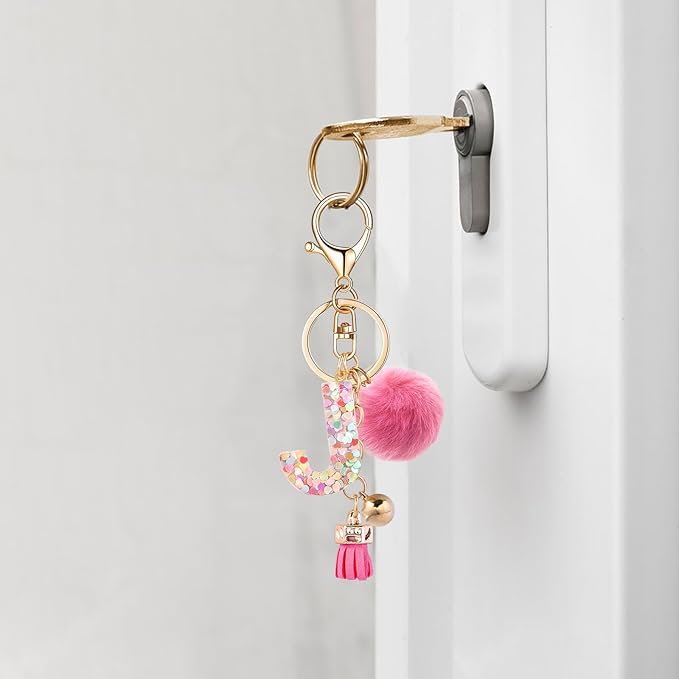 Resin Alphabet Initial Letter Keychain Keyring for Women Purse Handbags With Fur Ball Pom