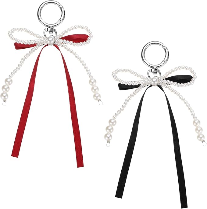 MECCANIXITY Pearl Bow Keychain, Y2k Aesthetic Imitation Pearl Bowknot Ribbon Keyring for Tote Bags Purse Handbag Charm