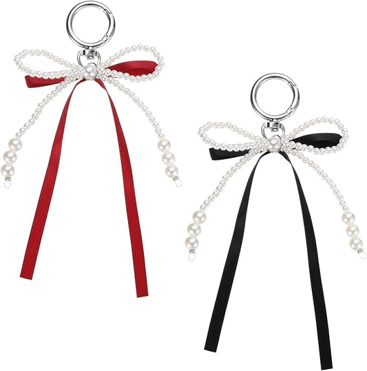 MECCANIXITY Pearl Bow Keychain, Y2k Aesthetic Imitation Pearl Bowknot Ribbon Keyring for Tote Bags Purse Handbag Charm