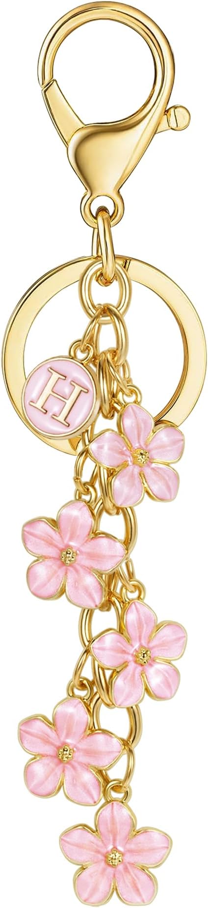 XGALBLA White Pink Black Cute Initial Letter Keychain for Women, Flower Bag Charms Enamel Keyring for Handbag Backpack