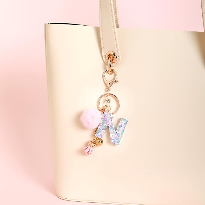 Resin Alphabet Initial Letter Keychain Keyring for Women Purse Handbags With Fur Ball Pom