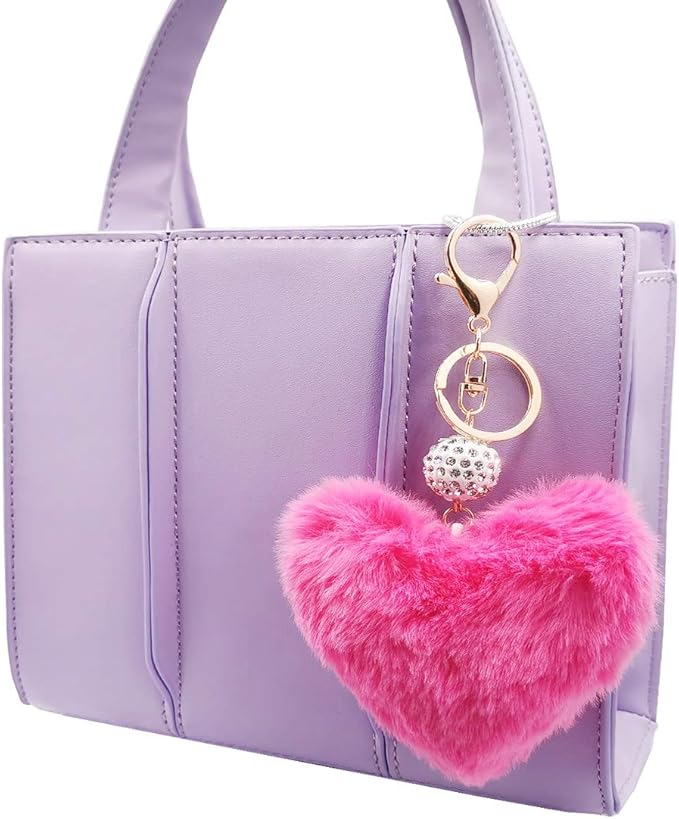Women's Heart Faux Fur Pom Pom Key Chains Bag Accessory Puffball Keyring Backpack Charms for Girls