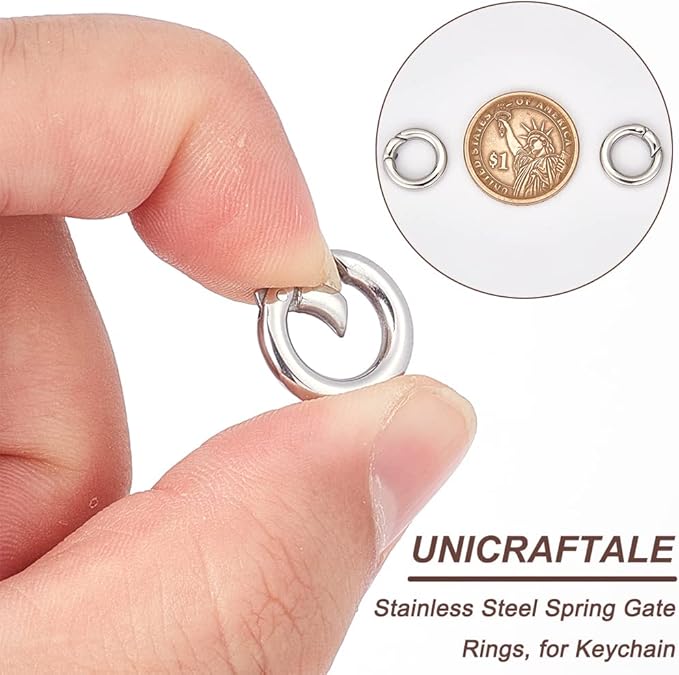 UNICRAFTALE 4pcs Stainless Steel Spring Gate Rings 15mm Inner O Rings Keychain Ring Round Gate Round Clips Snap Hooks Spring Keyring Buckle Clasps for Bag Purse Shoulder Strap Key Chains