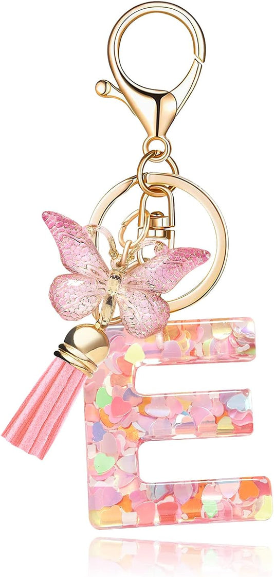 Fashion Alphabet Initial Letter Keychain Tassel Butterfly Pendant Key Ring for Purse Handbags Women Girl