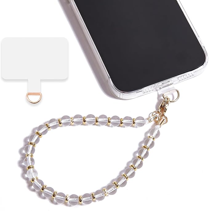 Marble Beaded Phone Wrist Strap,Detachable Phone Bracelet Strap with Tether Tab,Hands-Free Wristlet Strap (White crystal)