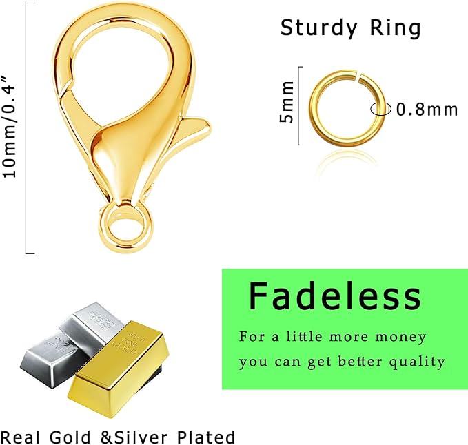 150Pcs Fadeless Lobster Claw Clasps (10mm) & Jump Rings for Jewelry Making, Necklace Bracelet Findings & Supplies (Mixed Color)