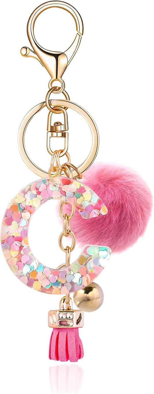 Resin Alphabet Initial Letter Keychain Keyring for Women Purse Handbags With Fur Ball Pom