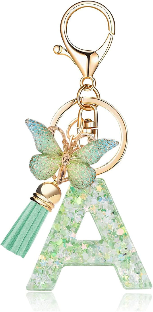 Fashion Alphabet Initial Letter Keychain Tassel Butterfly Pendant Key Ring for Purse Handbags Women Girl