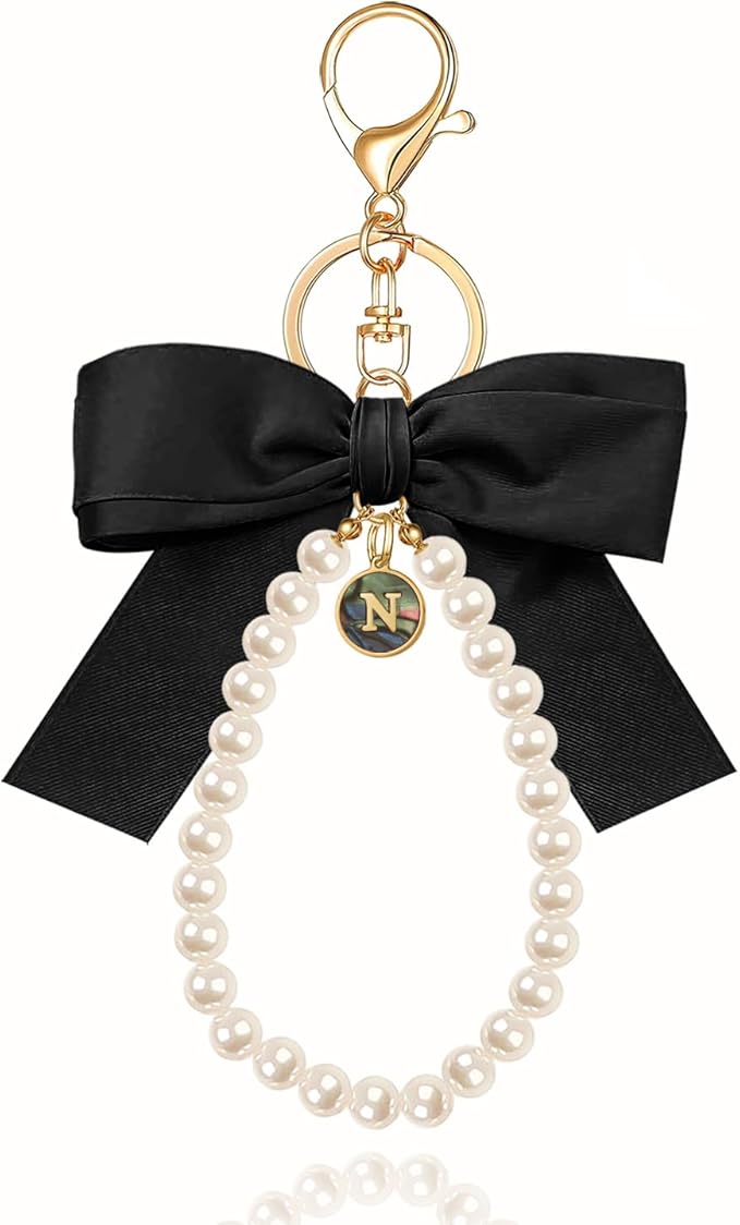 XGALBLA Initial Letter Cute Coquette Bow Keychain for Women, Wristlet Simulated Pearl Keychains Bag Charms for Handbags