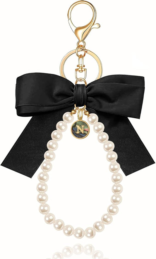 XGALBLA Initial Letter Cute Coquette Bow Keychain for Women, Wristlet Simulated Pearl Keychains Bag Charms for Handbags