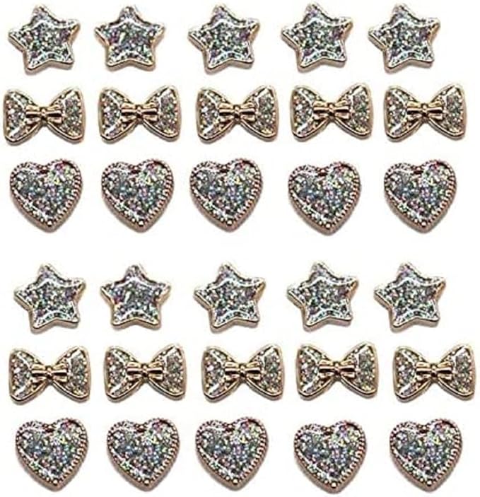75pcs Gold Resin Mix of Bows, Hearts and Stars Cabochons with Iridescent Glitter Sparkle Dots Flat Back Embellishments for Crafts