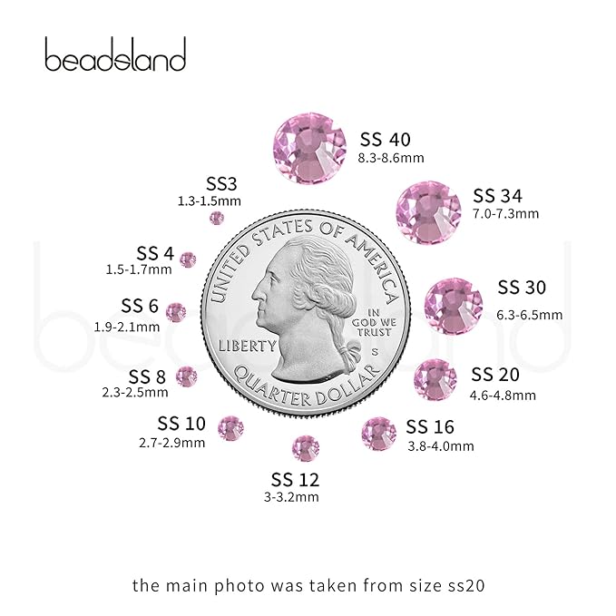 Beadsland 288pcs Flat Back Crystal Rhinestones Round Gems for Nail Art and Craft Glue Fix, Light Pink, SS34,7.1-7.3mm
