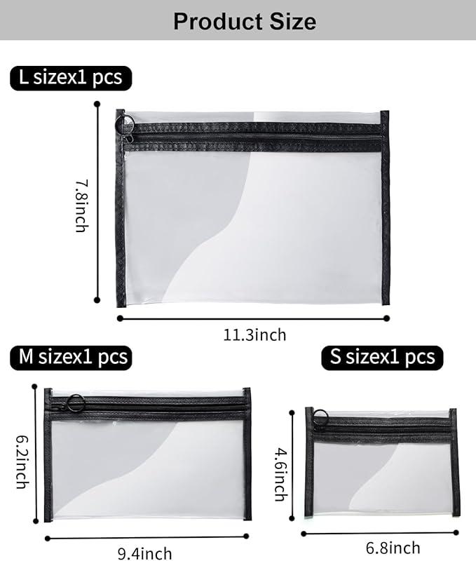 Clear Makeup Bags, 3 Pack Small Waterproof Cosmetic Toiletry Bags with Zipper, PVC Clear Travel Bags for Women and Men Travel Airport Organizing, Black