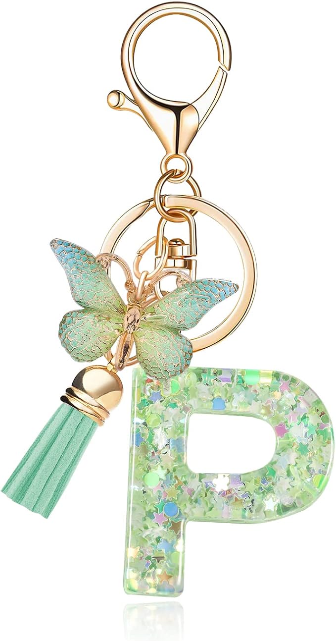 Fashion Alphabet Initial Letter Keychain Tassel Butterfly Pendant Key Ring for Purse Handbags Women Girl