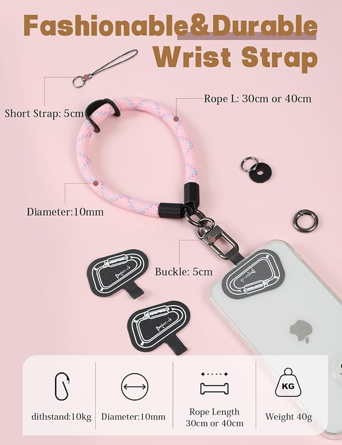 project-cb Hand Wrist Phone Strap,Phone Lanyard Patch ×2,Cell Phone Case Holder,Wristlet Strap for Key,AirPods,Camera (Pink, 12inch)