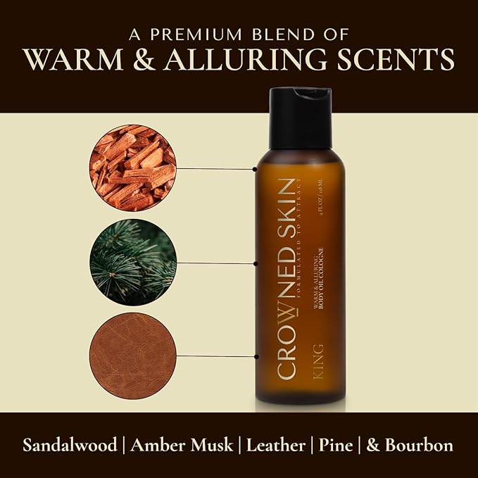 Crowned Skin King Body Butter Cologne and Body Oil Cologne Bundle | New Moisturizing Formula | Skin Care Set with Warm Sandalwood & Leather Scent | Natural Shea & Mango Butter | All-Day Fragrance