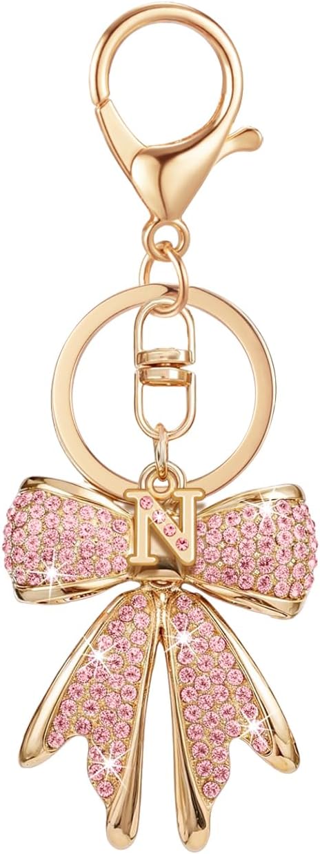 XGALBLA Sparkly Cute Initial Letter Rhinestone Bow Keychain for Women Gold Tone Bag Charms Coquette Aesthetic Purse Charms