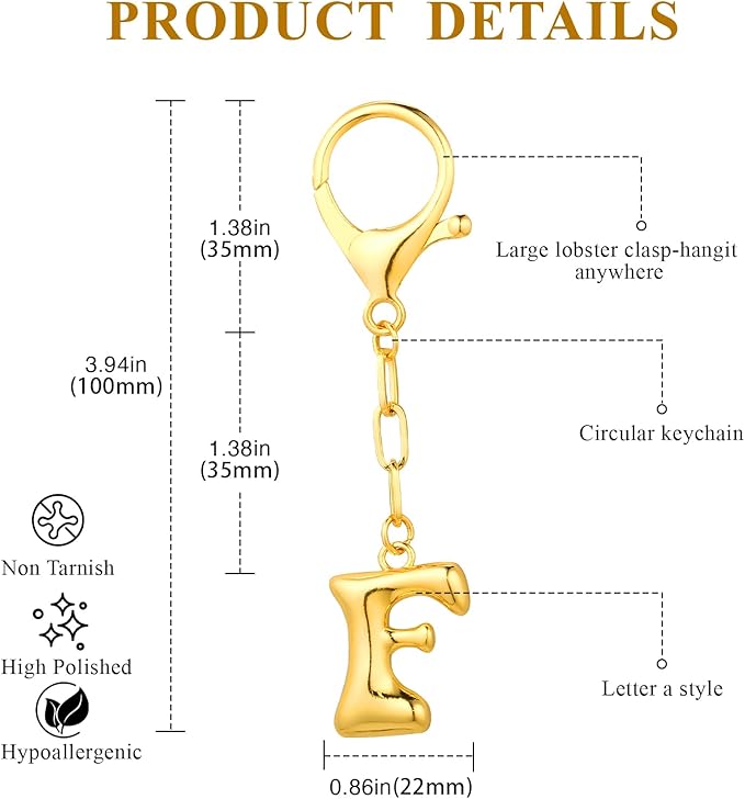 VICKHU Gold Plated Bubble Initial Letter Cute Keychain for Women Car Key Purse Decorative Keyring Handbag Charms Fashion