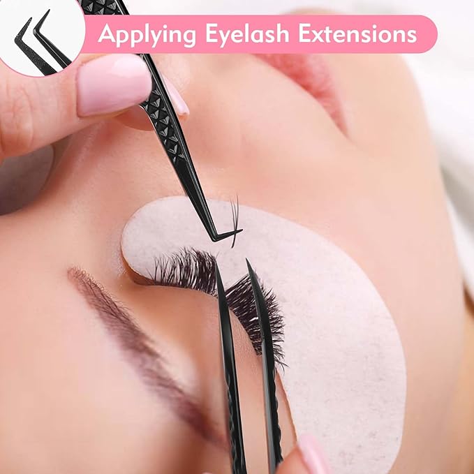 VEYES INC Lash Tweezers for Eyelash Extensions,Fiber Tip Tweezers for Individual Classic and Volume Lash,Stainless Steel Lash Tweezers-Slim 90 Degree