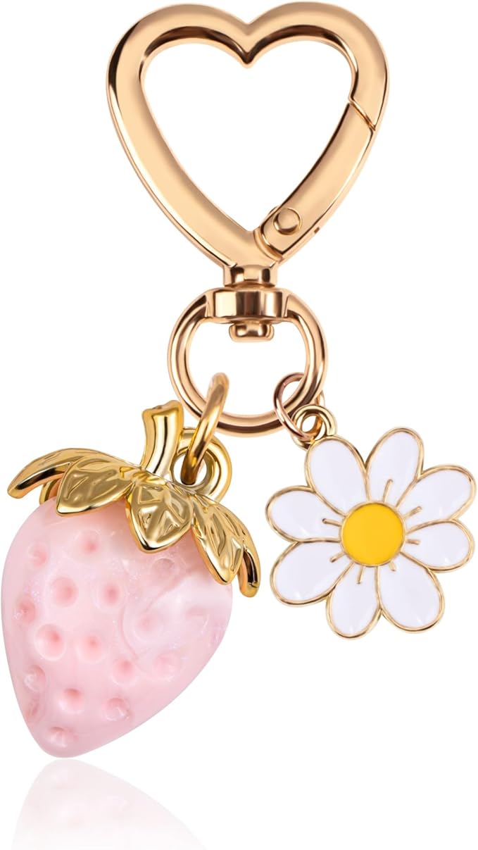 Wikavanli Cute Strawberry Keychain,Bag Charms,Kawaii Heart Flower Daisy Key chains Accessories Decor for Women Girls Purse