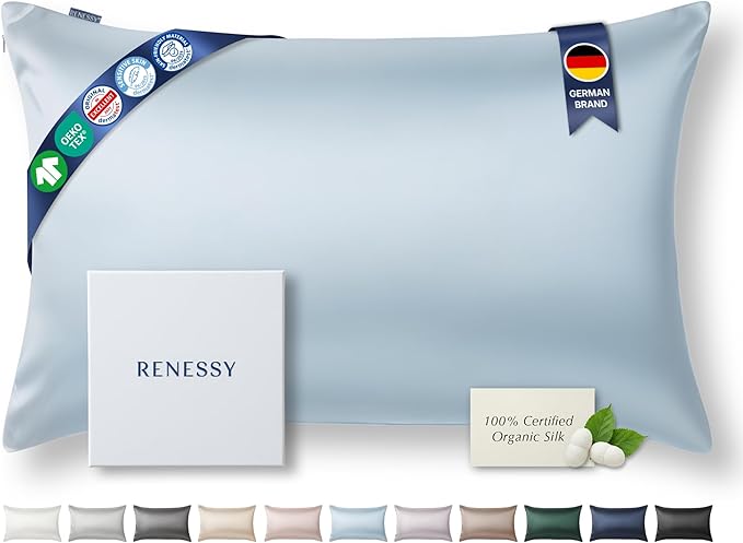 RENESSY Premium Silk Pillowcase 100% Organic Mulberry Silk, 22 Momme, Grade 6A - Oeko-Tex Certified in Germany - Luxury for Hair & Skin, 1 Piece (Queen Size 20x30 Inches, Cloud Blue)