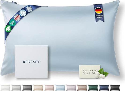 RENESSY Premium Silk Pillowcase 100% Organic Mulberry Silk, 22 Momme, Grade 6A - Oeko-Tex Certified in Germany - Luxury for Hair & Skin, 1 Piece (Standard Size 20x26 Inches, Cloud Blue)