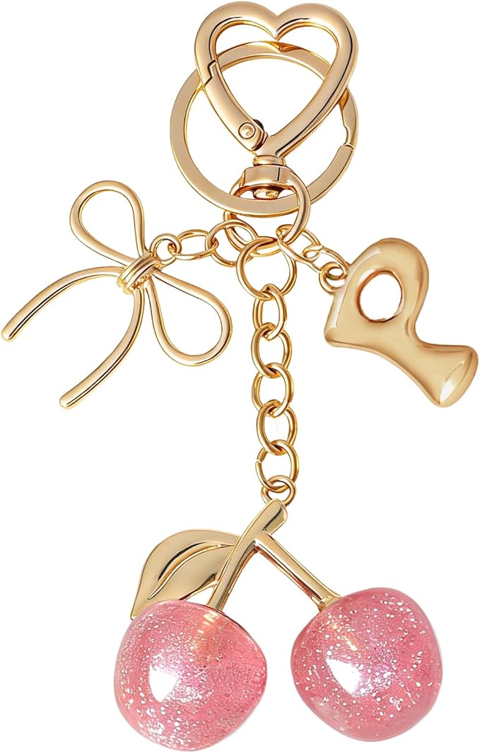 Snycler Bubble Initial Keychain with Cherry & Bow - Gold Letter Bag Charms for Women, Cute Purse Handbag Accessories