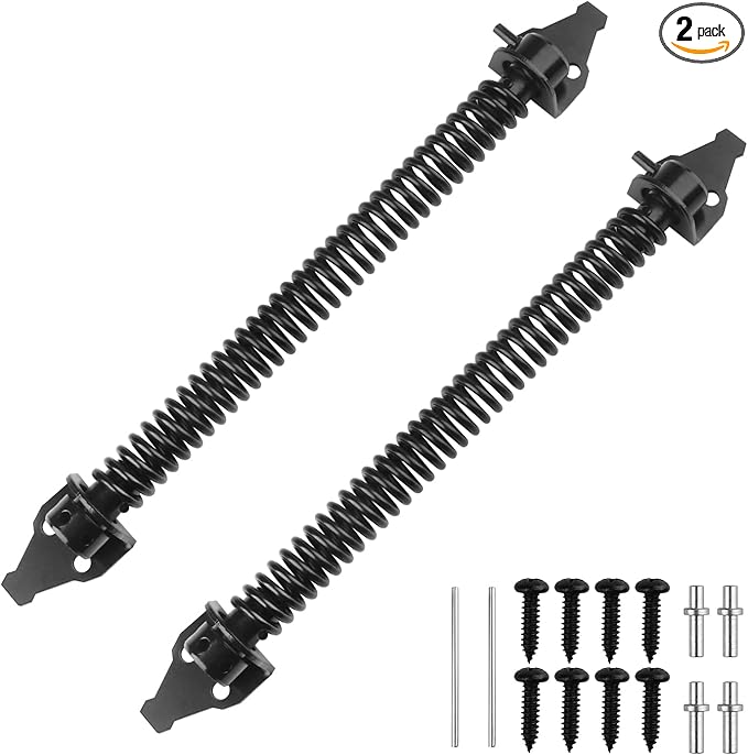 2 Pack 14 Inch Heavy Duty Self Closing Fence Gate Spring, Adjustable Automatic Gate Closure Hardware for Outdoor Wooden Gate and Vinyl Fence, Carbon Steel with Black Powder Coating, by GENHAKON