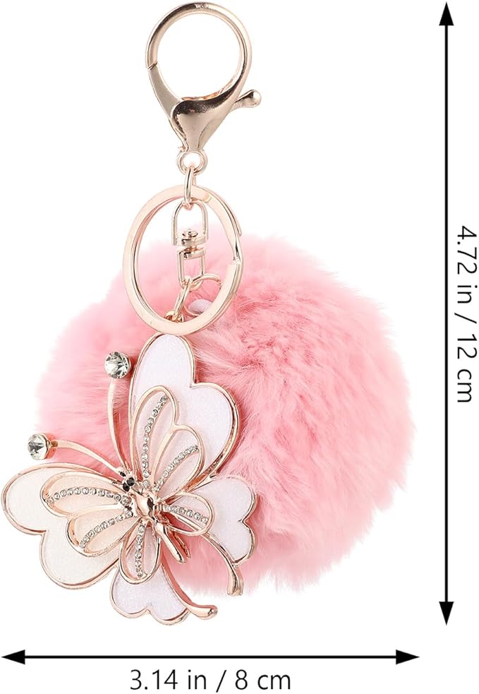 SUPVOX Diamond-encrusted Fur Ball Key Chain Pendant Butterfly Charm Pink Fuzzy Ball Key Ring for Bags Car Lightweight Creative Accessory
