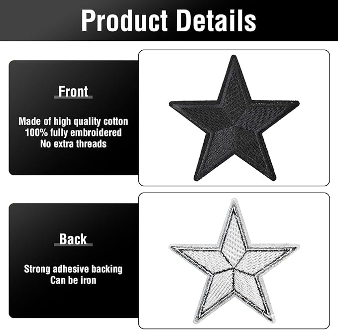 WILDREEDS 24 Pieces Star Iron on Patches, Star Embroidered Patch for Clothing, T-Shirt, Backpacks, Hats, Jeans, Jackets (Black)