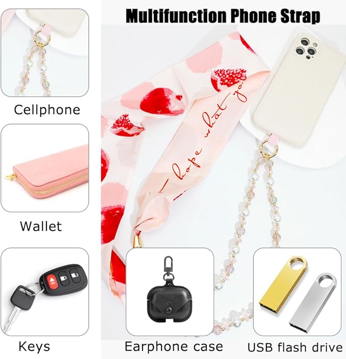 Phone Crossbody Chain Cell Phone Lanyard,Universal Leather+Metal Shouder Strap with Phone Tether Patches (R)