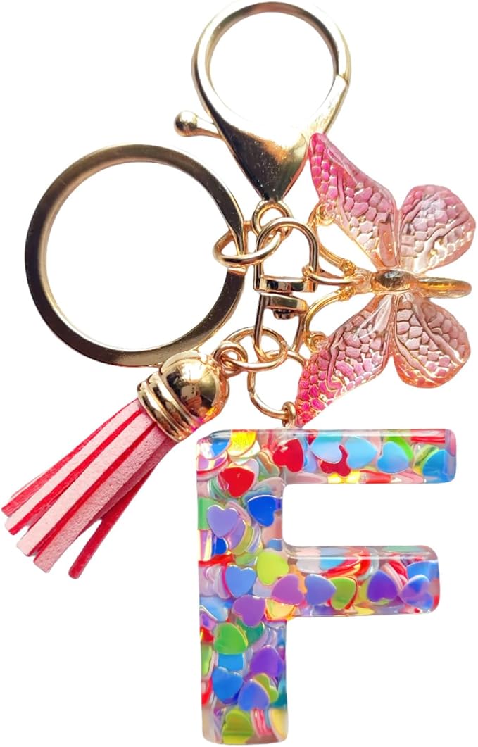 Cute Initial Letter Keychains for Women Girls Tassel Butterfly Pink Purple Green Keychain for Backpack School Bag