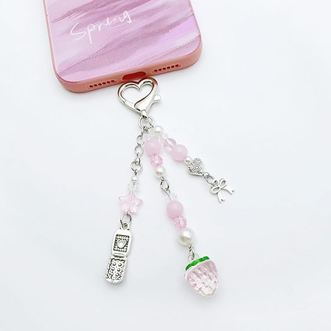 Angyape Cute Pink Strawberry Keychain Y2K Keychain Bow Flower Heart Pendant Bag Charms Kawaii Aesthetic Accessories for Women