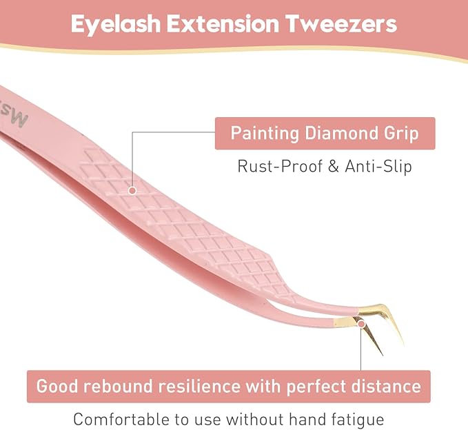 Ms.Queen Eyelash Extension Tweezers,Diamond Grip Lash Tweezers for Isolation Applying and Mega Volume Mink Lashes Fanning