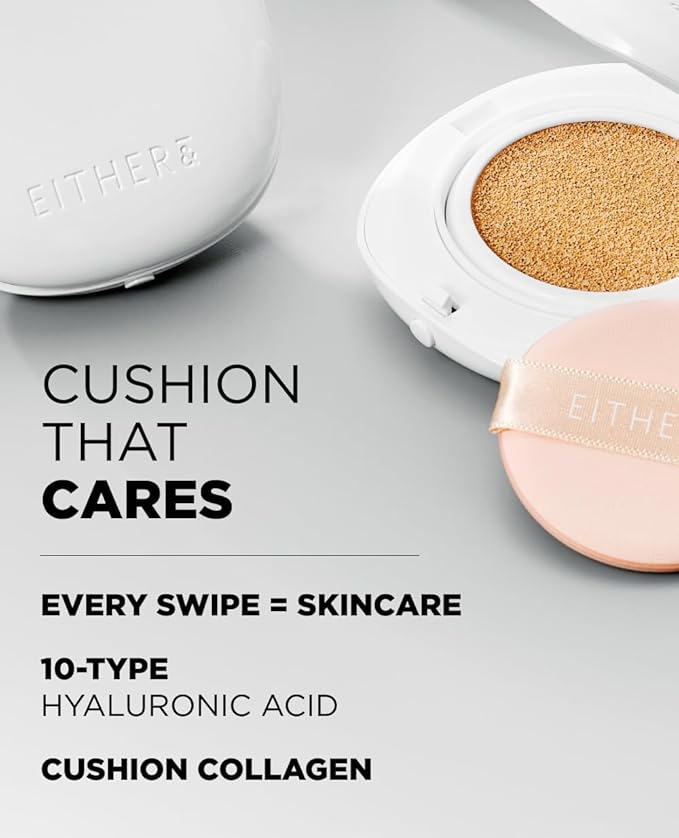EITHER& Glow Pixel Cushion Foundation, Skincare Formula, Dewy Glass Skin, Lightweight & Long-Lasting 100H Wear, Buildable Hydrating Korean Cushion (25.5P Tan, 12g)