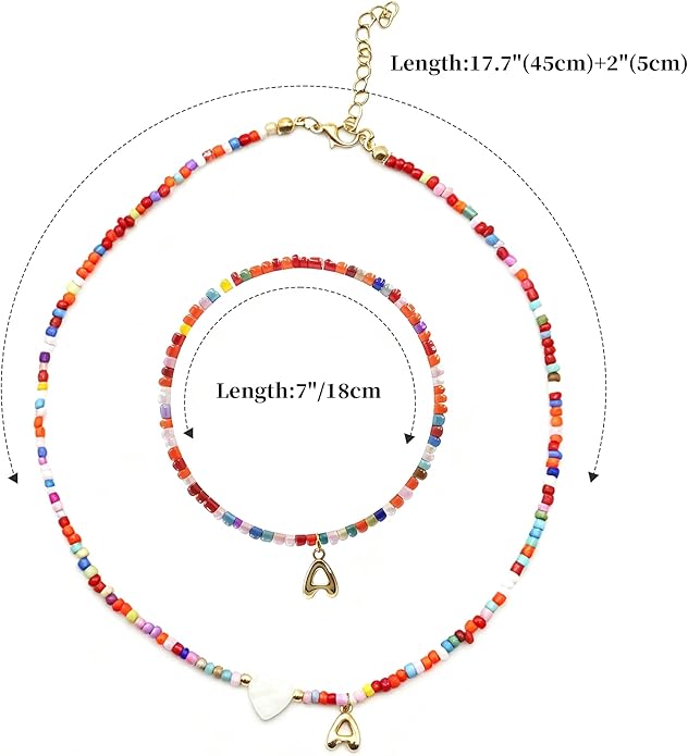 I IHAYNER Colorful Beaded Initial Necklace and Bracelet Set for Girls Personalized Letter Jewelry Gifts Trendy Choker Necklace Matching Bracelet Birthday Friendship Gift