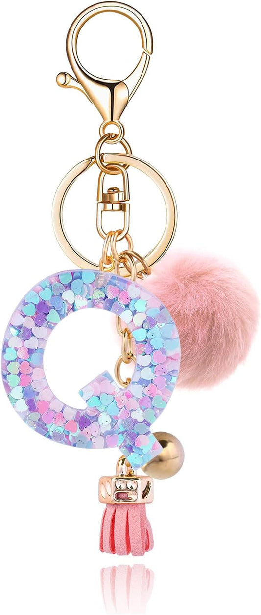 Resin Alphabet Initial Letter Keychain Keyring for Women Purse Handbags With Fur Ball Pom