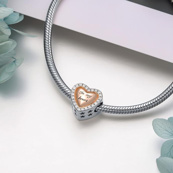 LONAGO 925 Sterling Silver Personalized Photo Charm Fit Compatible for Bracelet Necklace Customized Heart Round Shape Picture Bead
