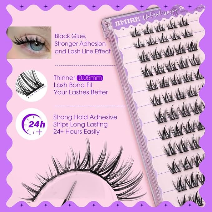 Self Adhesive Eyelashes Wispy Lash Clusters D-Curly Pre Glued Eyelashes Clusters 8-14MM Natural Press on Cluster Lashes Easy to Apply Self Adhesive Lash Clusters No Glue Needed by JIMIRE
