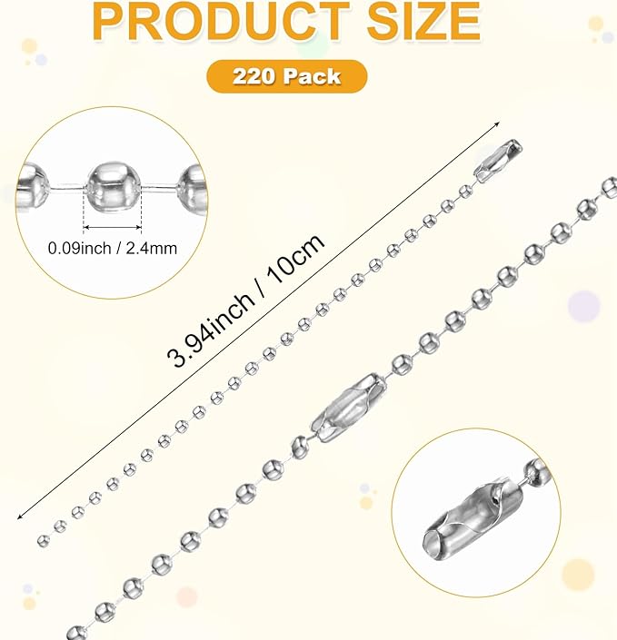 M METERXITY 220-Pack Ball Beads Chain, 4 in Metal Beaded Necklace Adjustable Keychain with Connectors for Jewelry Making/DIY Crafts/Hanging Decoration, Dog Tag Chain [Silver]