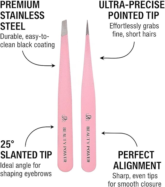 Beauty Power Professional Tweezers Set – Slant & Point, Ultra Precision German Stainless Steel Tweezers for Eyebrows, Chin, Ingrown Hair & Facial Grooming – Lightweight with Travel Case (Pink)