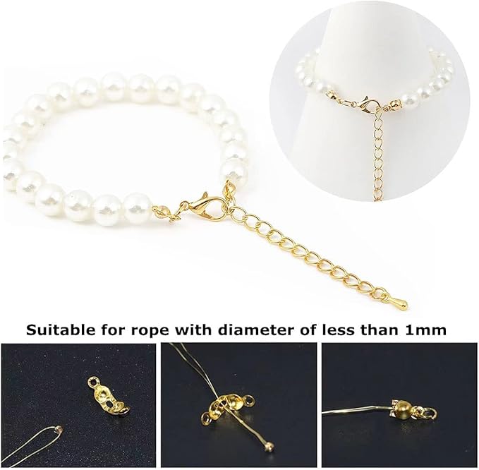 1500 Pieces Beads Tips Knot Covers Clamshell Crimp Tips Beads Set Calotte Ends Knot Covers Fold-Over Bead Covers for Jewelry Making DIY Bracelet Necklaces(Gold)